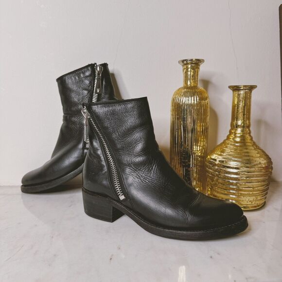 Frye Demi Zip Black Leather Short Boots Biker Moto Gothic Made in Mexico Size 7 - Picture 1 of 11